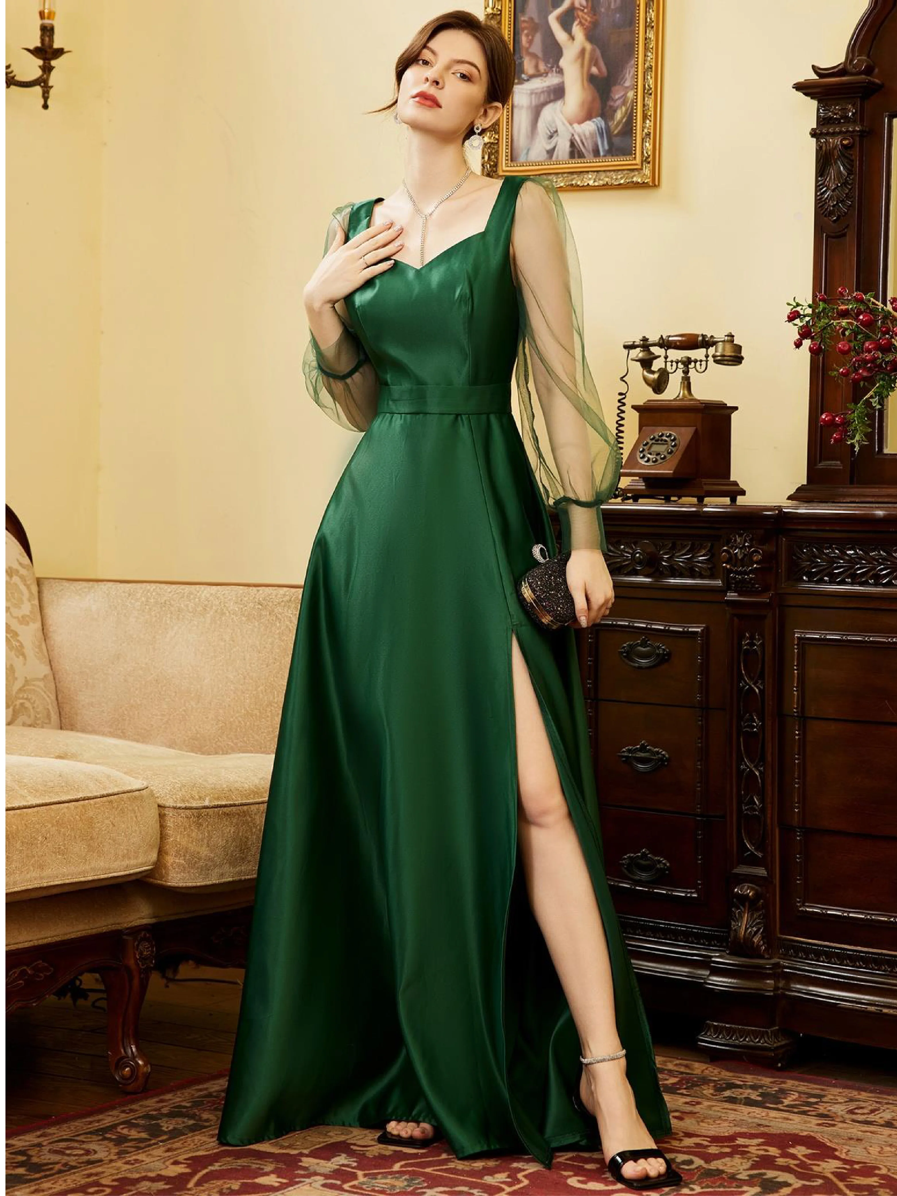 

2022 Dark Green Satin V Neck Cocktail Dresses for Women High Slit Hollow Out Tulle Valentine Days Prom Gown Vestidos De Fiesta