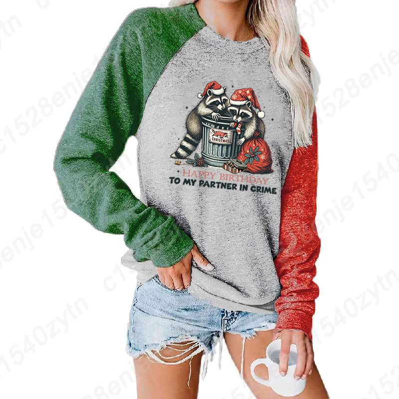 Winter Sweatshirts Women Round Neck Long Sleeves T Shirt Christmas Racoon Happy Birthday To My Partner In Crime Print Loose Tops