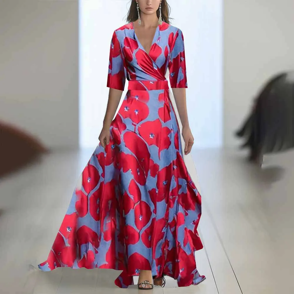 Elegante vintage dames zomer lange jurk met korte mouwen Boho bloemenprint sexy diepe v-hals maxi-jurken dames vestidos zonnejurk