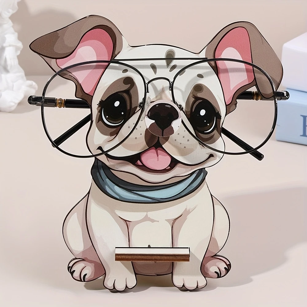 2D Cute Bulldog Cartoon Dog Wooden Eyeglass Holder Desktop Stand Student Desk Decoration Gifts for Dog Lovers