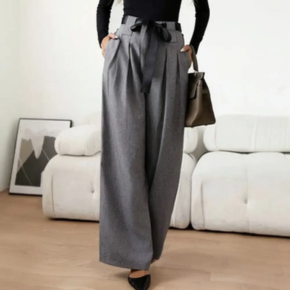 Womens High Waisted Wide Leg Pants Casual Loose Straight Trousers Autumn Winter Fashion Drape Trousers Gray Drawstring Bottoms