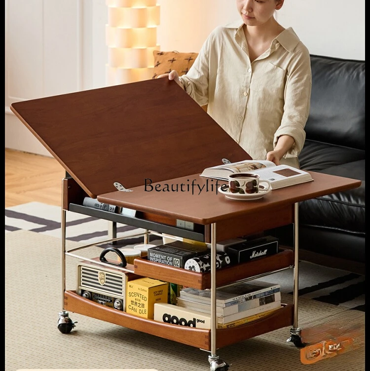 

Solid Wood Small Cart Vintage Style Small Apartment Movable Folding Coffee Table