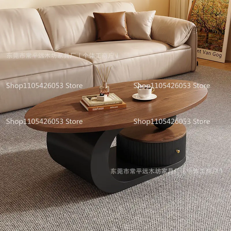 Medieval light luxury walnut coffee table living room household oval tea table simple modern combination small coffee table new view 4