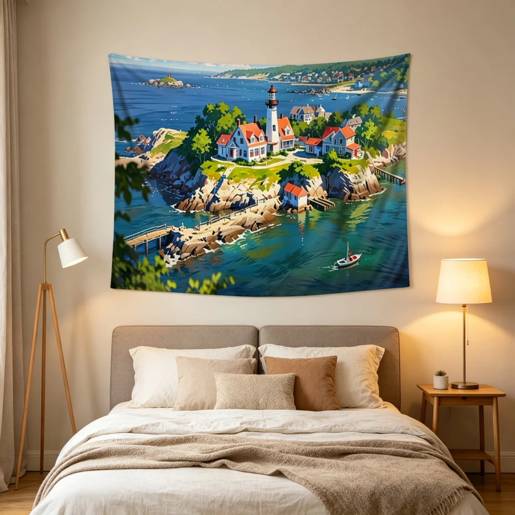 1PC Seaside Town Print Backdrop Banner, Bedroom Living Room Photo Background, Polyester Wall Hanging, Home Decor, Wall Art