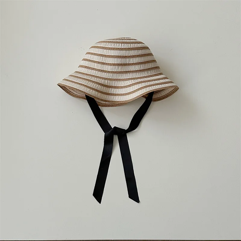 2-7Y Children Bucket Hat Summer Striped Big Brim Sun Hat Kids Baby Foldable Sunscreen Hat