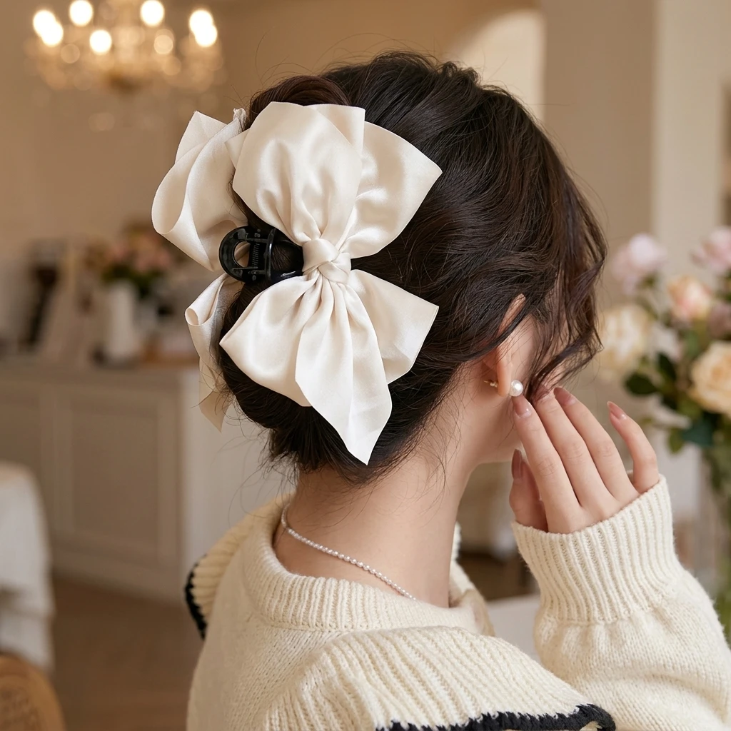 Elegant Claw Clip Large Fabric Bow Hair Grip for Daily Office Wear Korean Style Non-Slip Alloy Frame Back of Head Accessory
