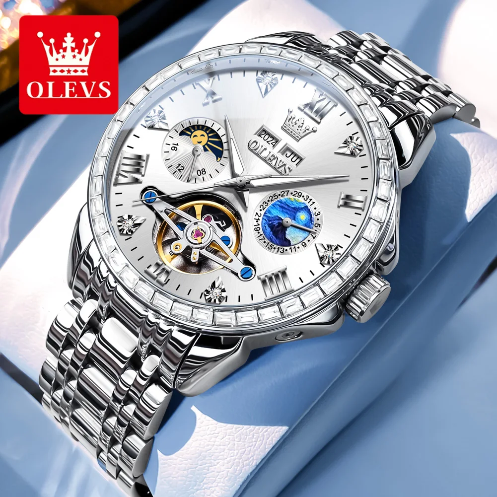 OLEVS 6712 Business Automatic Watch for Men Dual Calendar Display Luxury Diamond Watches Stainless steel Strap Waterproof  Clock