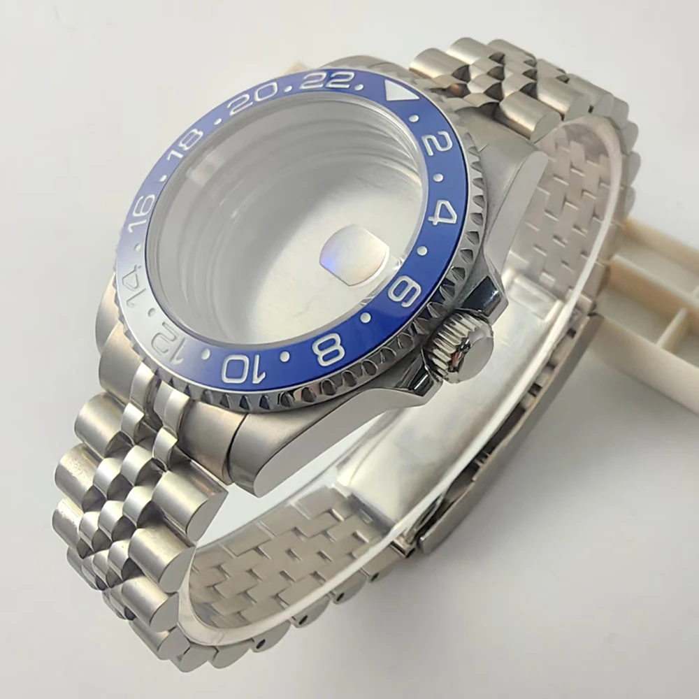 40 مللي متر مقاوم للماء ساعة حافظة الأزرق السيراميك الحافة الفضة انزلاق سوار الياقوت الزجاج يناسب NH35/34 ميوتا 8215 حركة ملحق