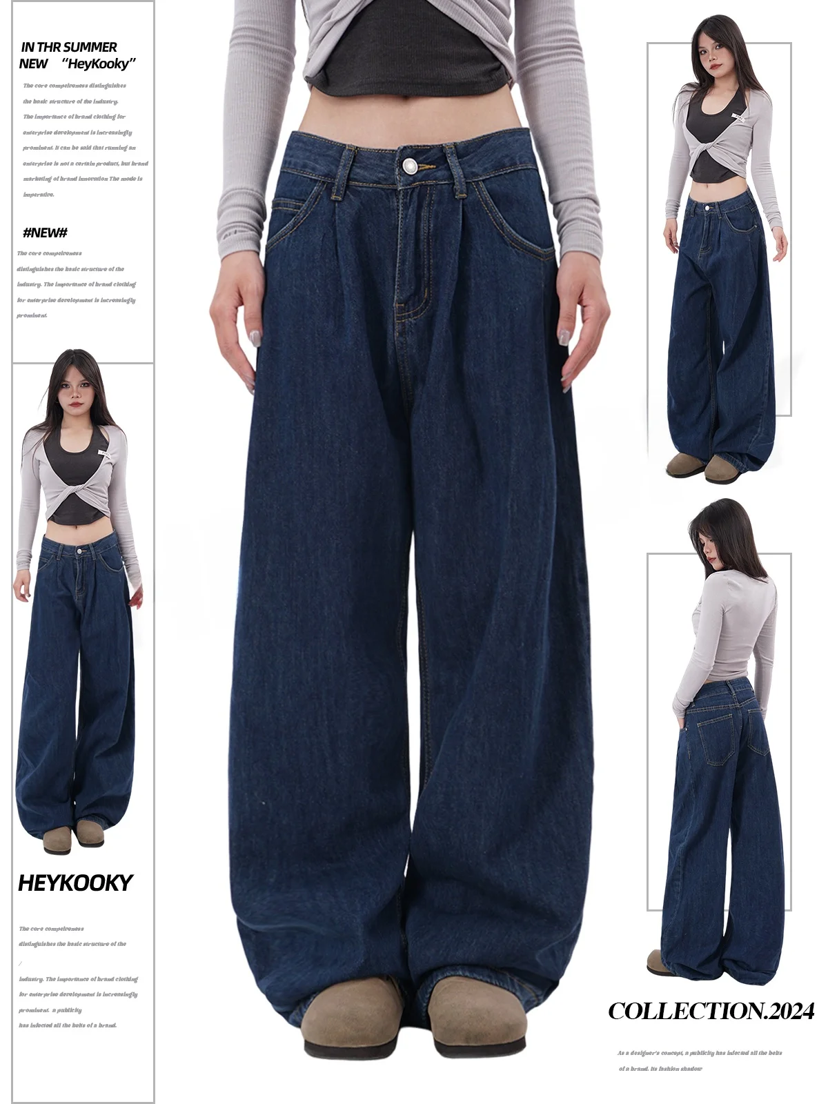 

Свободные утягивающие широкие брюки с низкой талией в американском стиле ретро, мягкие джинсовые брюки темно-синего цвета, женские повседневные драпированные брюки Харлан