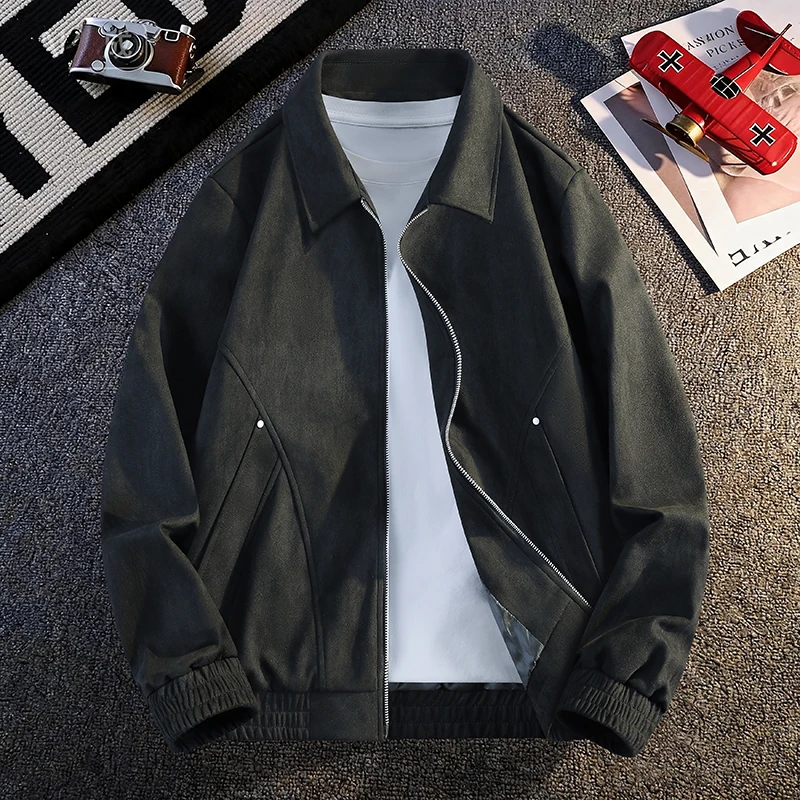 Men's Lapel Collar Zip‑Up Jacket Long‑Sleeve Loose‑Fit Suede‑Texture Casual Outerwear Fashion Daily Coat with Side ZipperPockets