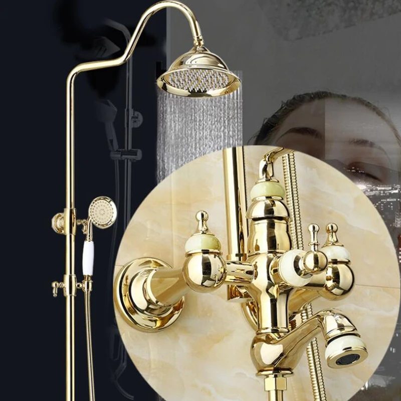 Vidric Bathroom Rain Shower Set Luxury Gold Brass Wall Mounted Bath Shower Rainfall Faucets with Hand Shower Kits Set ELS2008