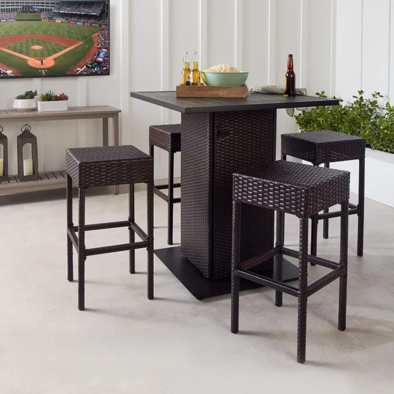 

5-Piece Brown Wicker Bar Table Set Patio, Built-in Bottle Opener & Hidden Shelf, Metal Tabletop, 4 Stools, Weather-Resistant