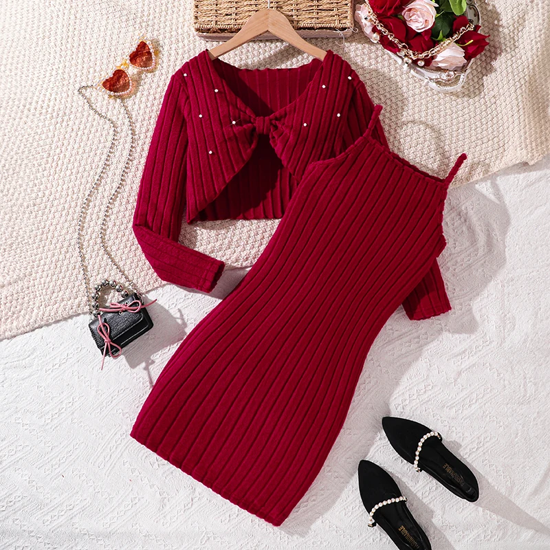 

Комплект из 2 предметов для девочек 8-12 лет: красный вязаный укороченный топ-болеро и платье с открытыми плечами, повседневный наряд для вечеринок