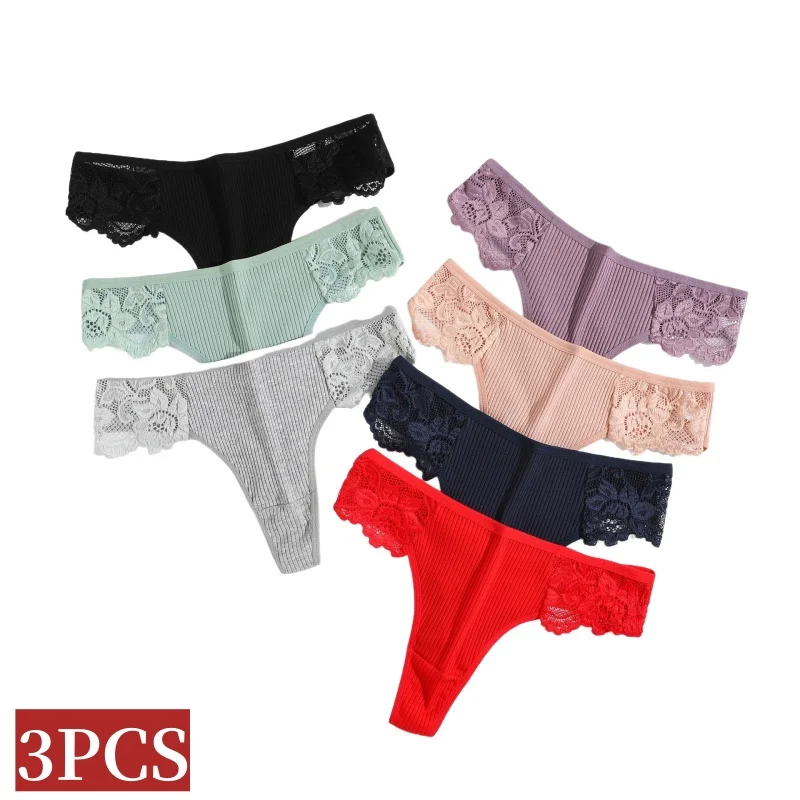 3Pcs/Set Women Cotton G-string Panties Female Underpants Breathable Underwear Solid Color Thongs Lac