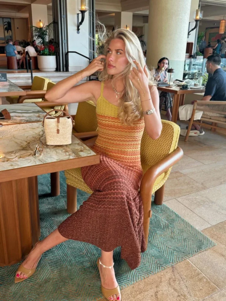 Fashion Gradient Women Knitted Maxi Elegant V-neck Sleeveless Bodycon Long Dresses 2025 Female Chic Beach Party Holiday Robes