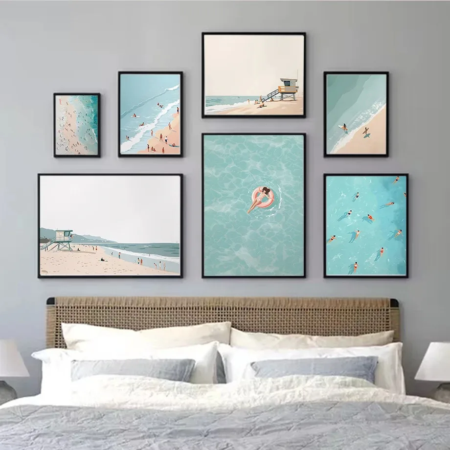 Strand, Schwimmen, Urlaub, Strand, schöne Aussicht, Poster, Aquarell-Illustration, Wandkunst, Leinwandgemälde, nordisches Heimzimmer, De
