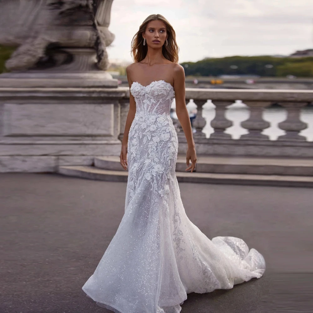 

Fancy Sweetheart Wedding Dresses Appliques Mermaid Backless Lace Up Sleeveless Tulle Floor Length Custom Made Color/Size