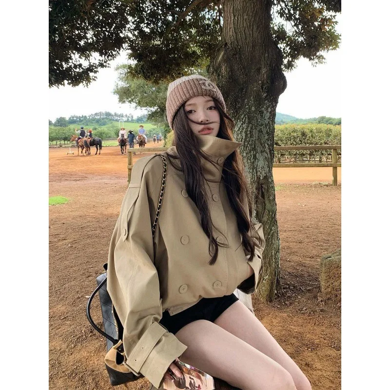 2025 Autumn New Double-breasted Stand-up Collar Short Trench Coat Women's Loose Fashion Popular Tooling Jacket