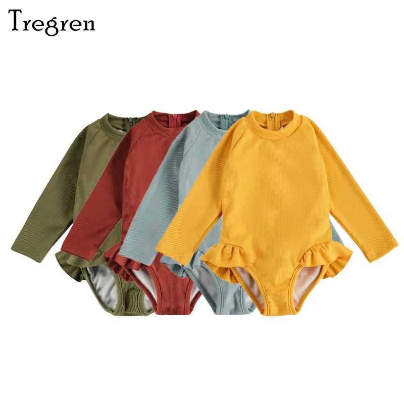 

Tregren 1-5Y Kids Girls Swimsuit Ruffle Long Sleeve Knit Solid Color Swimwear Children Hot Spring Pool Bathing Suit Beachwear