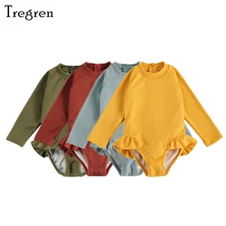 Tregren 1-5Y Kids Girls Swimsuit Ruffle Long Sleeve Knit Solid Color Swimwear Children Hot Spring Pool Bathing Suit Beachwear