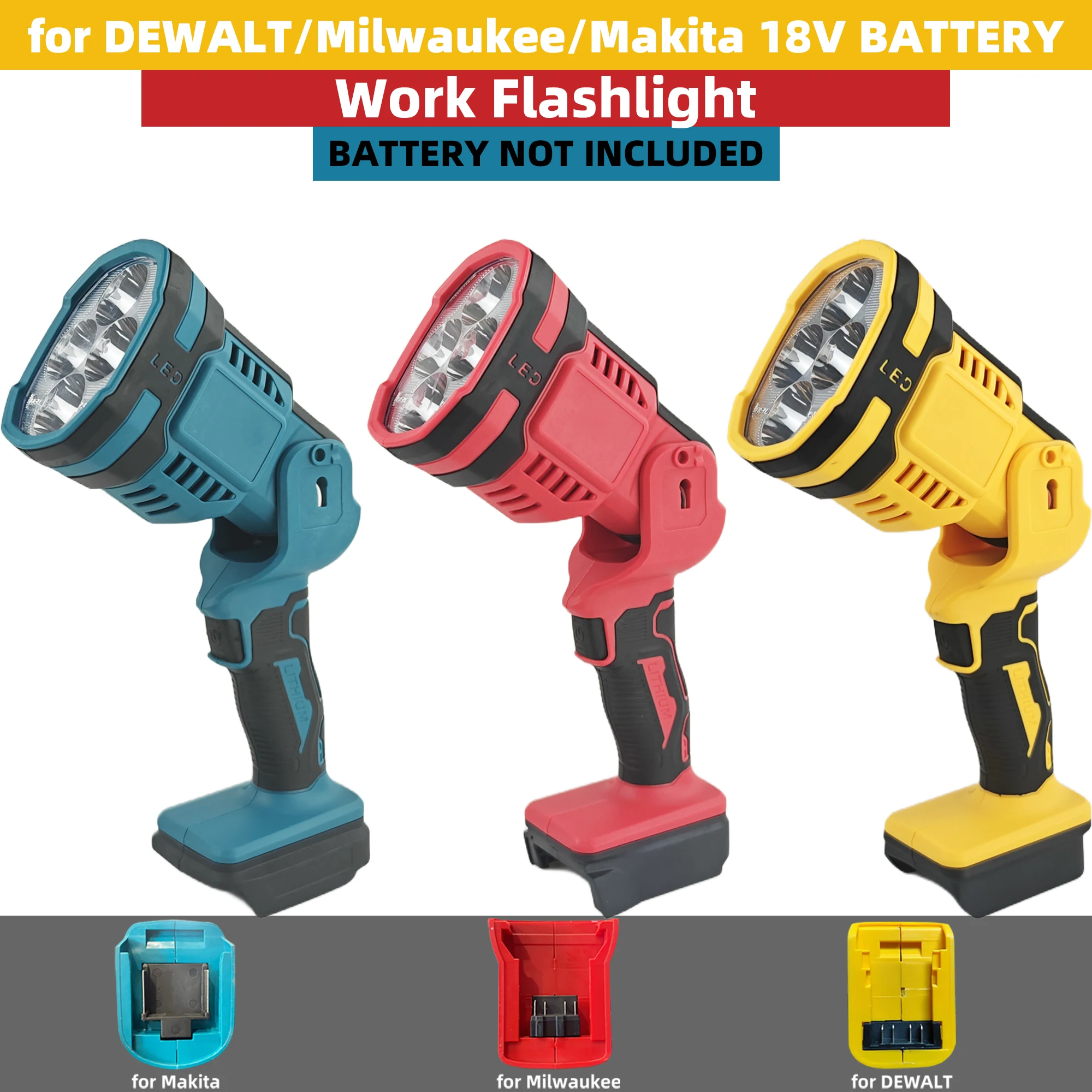 

High-Brightness LED Flashlight Work Light Compatible with Makita/Milwaukee/DeWalt 20V Batteries (Batteries Not Included)