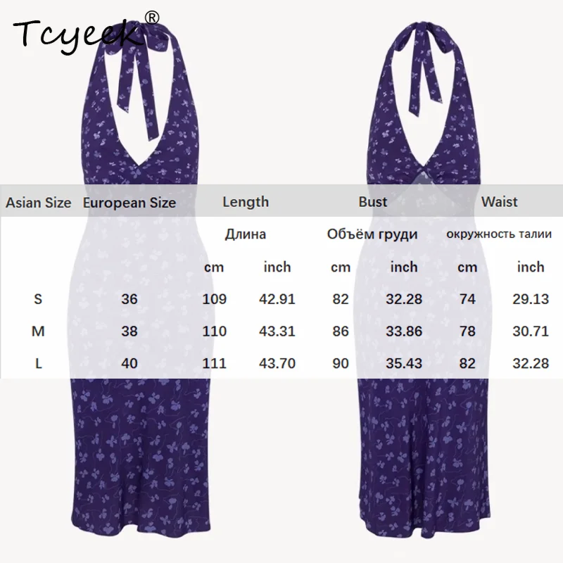 Tcyeek, 17MM 100% 진짜 실크 우아한 드레스, 여성 홀터 꽃 프린트, 휴가 패션 섹시한 드레스, 2025 여름 가을 D46812QM