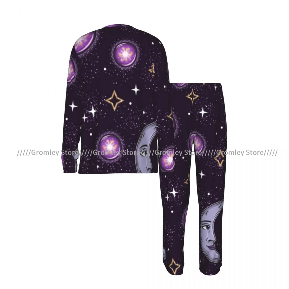 Celestial Crescent Moon Magic Ball Stars Men's Pajama Set Long Sleeve T Shirt and Long Pants Sleepwear Male Nightwear Home Suit