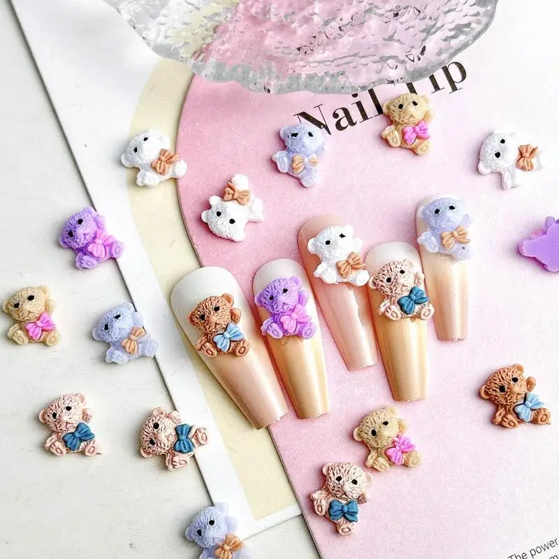 Mixed Cute Cartoon Simulation Bear Nail Art Decorations 3D Resin Wrinkled Bear with Bow Tie Nail Charm Supplies for Manicure DIY