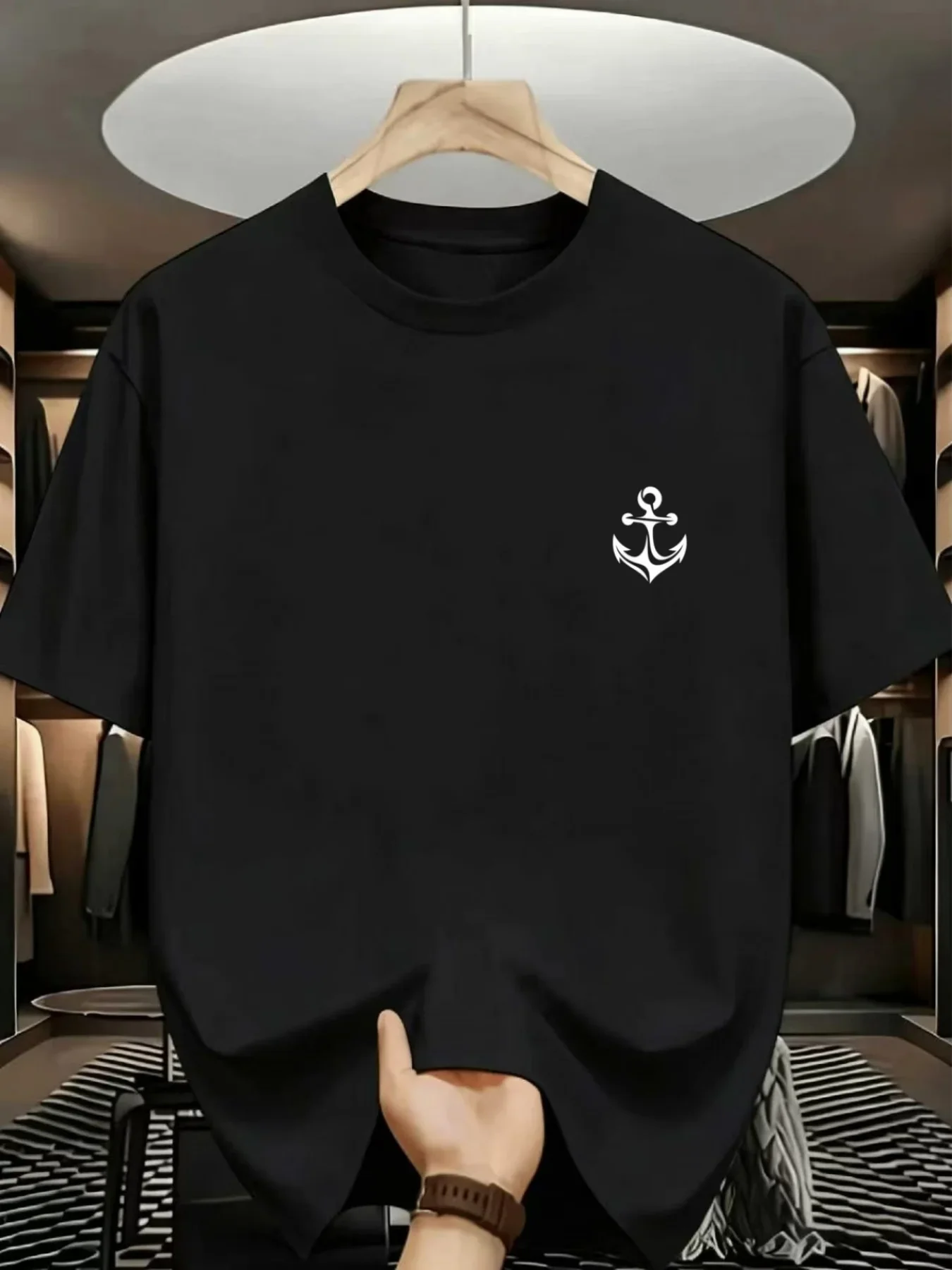 100% Pure Cotton Summer Men's and Women's Short-Sleeved T-Shirt, Minimalist Style with Anchor Print, Low-Key and Textured