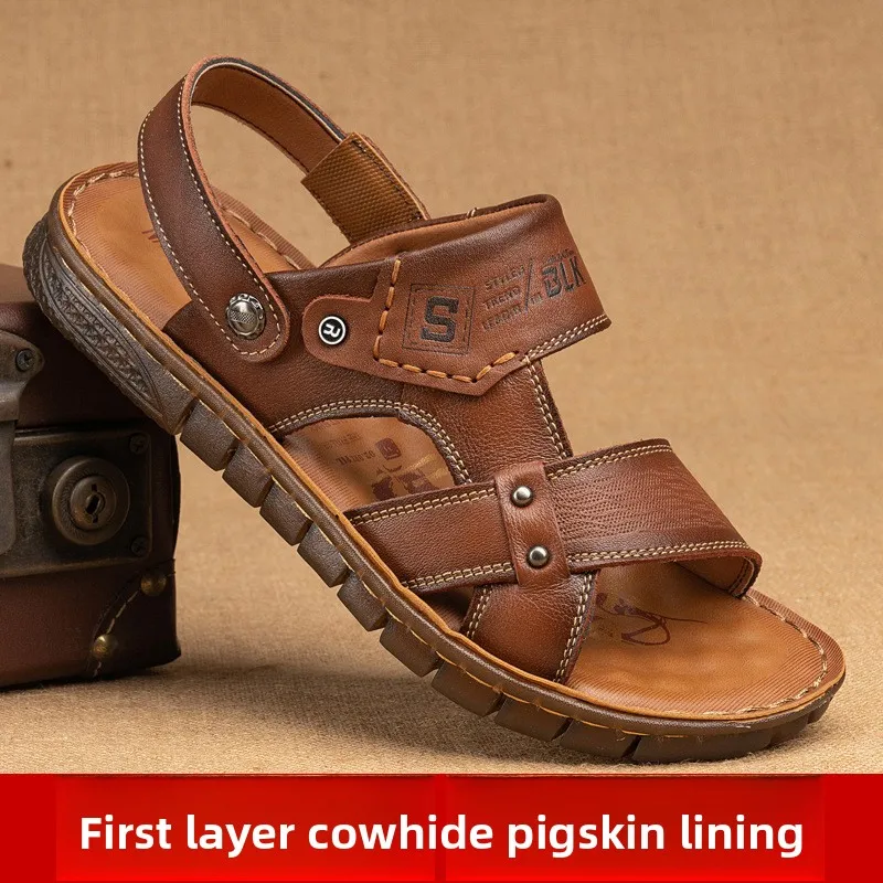 High Quality Sandals Men's 2026new First-layer Cowhide Casual Beach Shoes Men's Trend Summer Wear Dual-purpose Cool Slippers Men