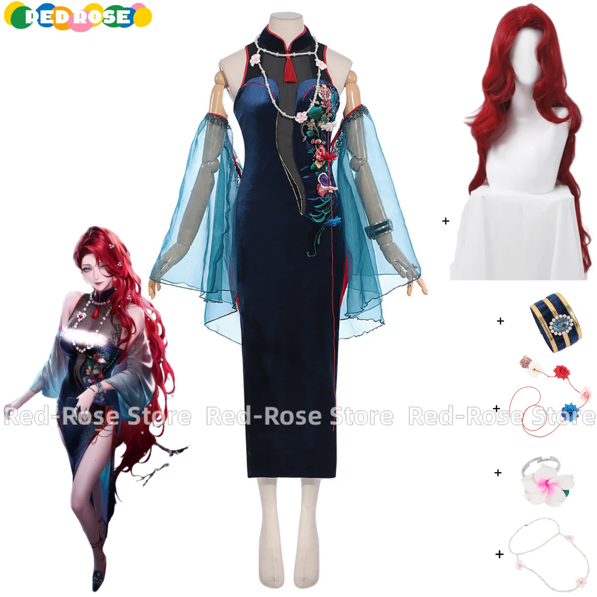 

Game Path To Nowhere Cabernet Cosplay Costume Chinese Style Cheongsam Dress Red Wig Woman Sexy Traditional Festival Suit