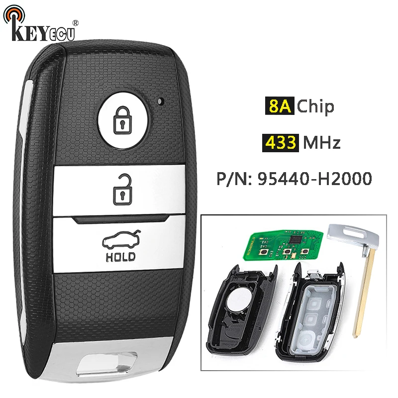 

Чип KEYECU, 433 МГц, 8 А, артикул: 95440-H2000, 3 кнопки, интеллектуальный дистанционный брелок без ключа для Kia K2 K3 2018