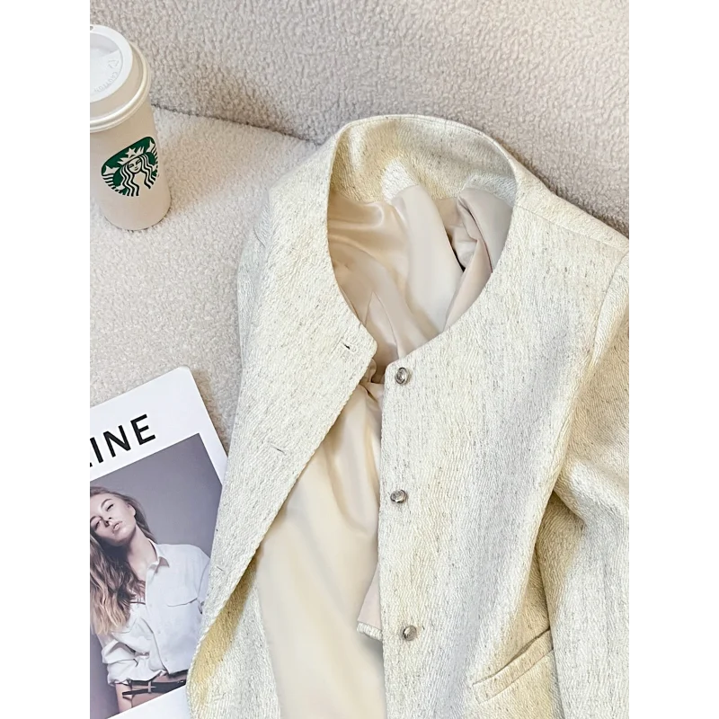

Small Fragrance Simple Basic Beige Short Coat Women's Fashion Loose Office Lady Elegant Round Neck French Coat