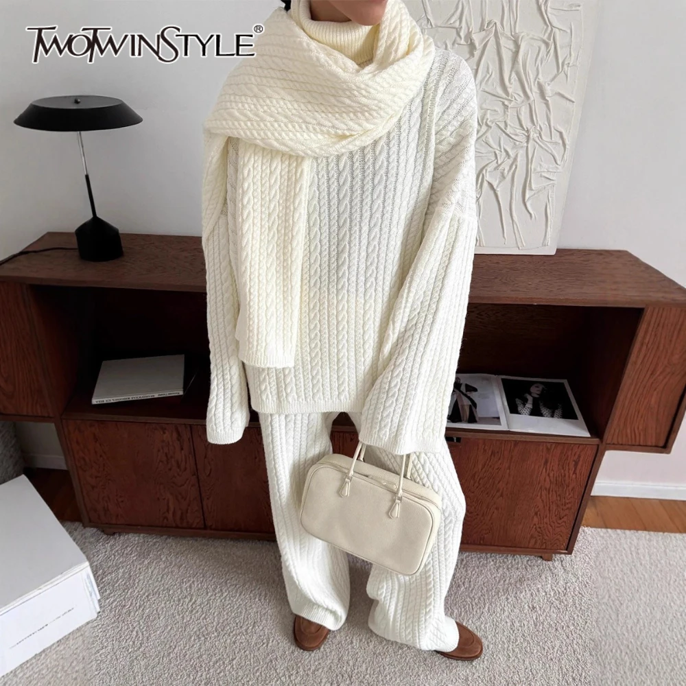 

TWOTWINSTYLE повседневный комплект из двух предметов для женщин, водолазка с длинным рукавом, пуловер с высокой талией, брюки, вязаный костюм, женский зимний