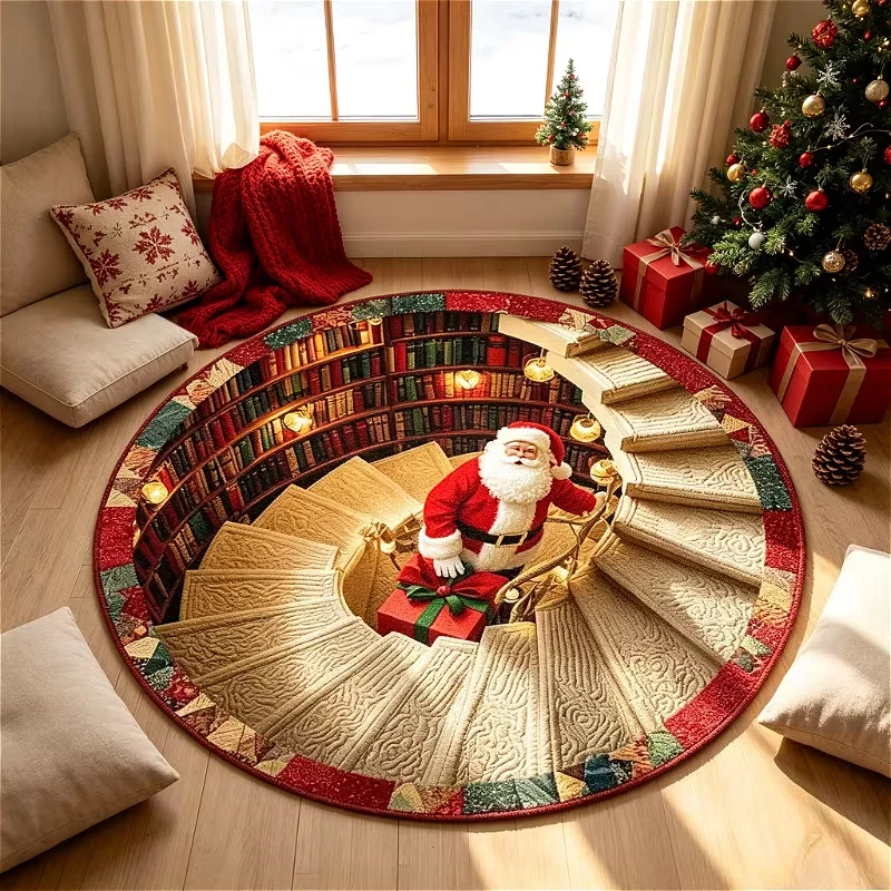 Santa Claus Christmas 3D Stairs Area Rug Bedroom Kitchen Coffee Table Decor Entrance Hallway Sofa Side Circle Doormat Floor Mat