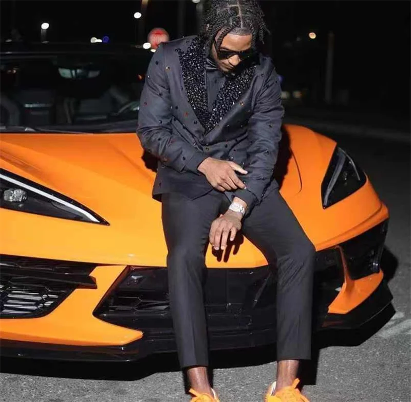 럭셔리 크리스탈 남성 정장 세트 2피스 블레이저+바지 블랙 가을 웨딩 턱시도 포멀 오피스 재킷 프롬 코트 맞춤 제작