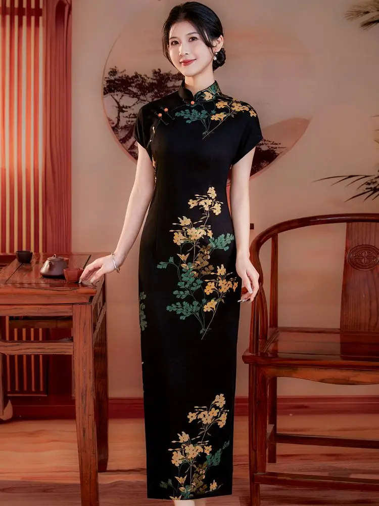 

Bla Long Qipao Dr Elastic Middle-aged Slimming Large Size Young Sle Improved Materni Gown Daily Wear Polyester Fiber