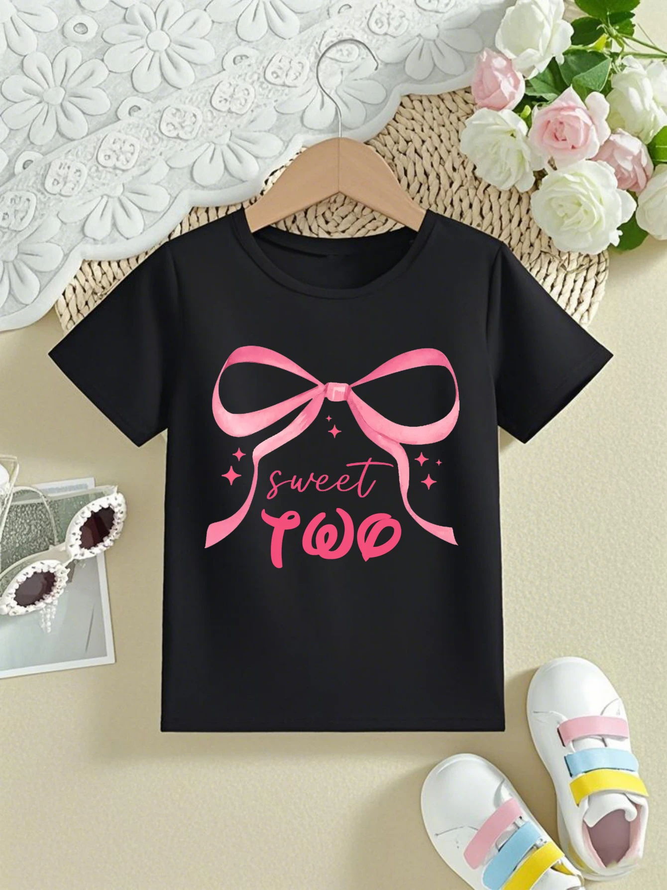 Sweet Two&Three&Four&Five Pink Bow Stars Printed T Shirt Girls Best Birthday Gift Shirt Toddler Summer Short Sleeve Shirt