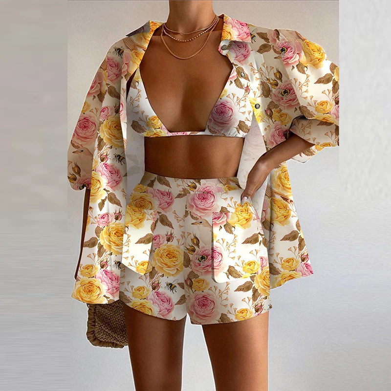 2023 Summer Women Three Piece Set Holiday Beach Style Suit Elegant Lapel Shirt Bra Tops High Waist Shorts Print High Street Set