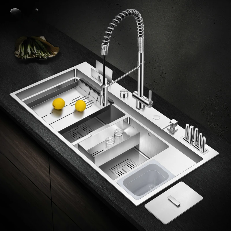 Asras 9848L Handmade Kitchen Sink Set with Rapid Drainage 304 Stainless Steel  Double Sink with Multi-functional Faucet