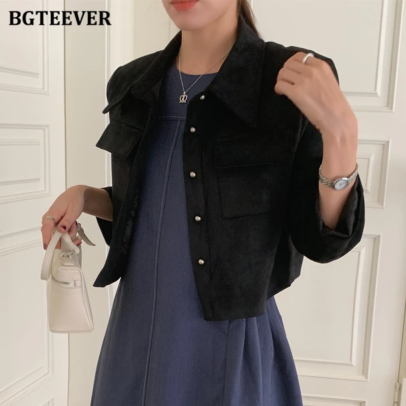 Bgteever Vintage Revers Dames Single-Breasted Basic Jasjes Elegante Lange Mouw Losse Zakken Dames Herfst Winter Outwear