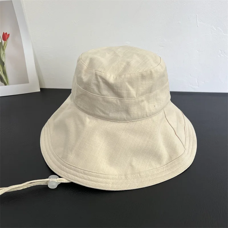 Dongdaemun Style Large Wide Brim Linen Bucket Hat Foldable UV Protection Summer Beach Sun Cap Adjustable Wind Rope for Women