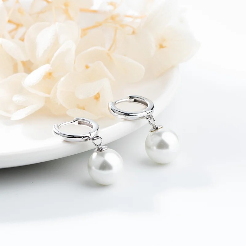 Fashion Earring 925 Sterling Silver Color Fine Jewelry White Pearl Hoop Earrings for Women Wedding Gift