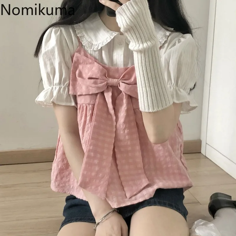 Sweet Blouse Suit Two Piece Set Women's Clothing Lace Puff Sleeve White Shirt Pink Plaid Vest Outfits Fashion Summer Clothing