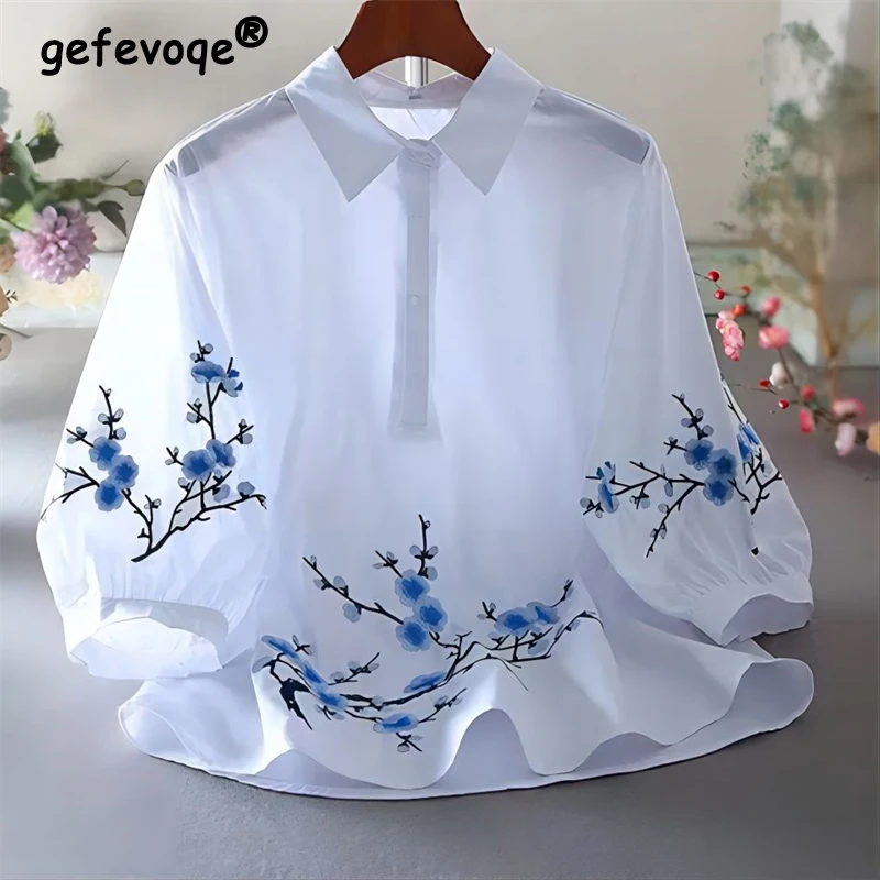 Women\'s Chinese Style Vintage Flower Embroidery White Shirt 2024 Summer Fashion Lapel 3/4 Sleeve Blouse Simple Casual Loose Tops