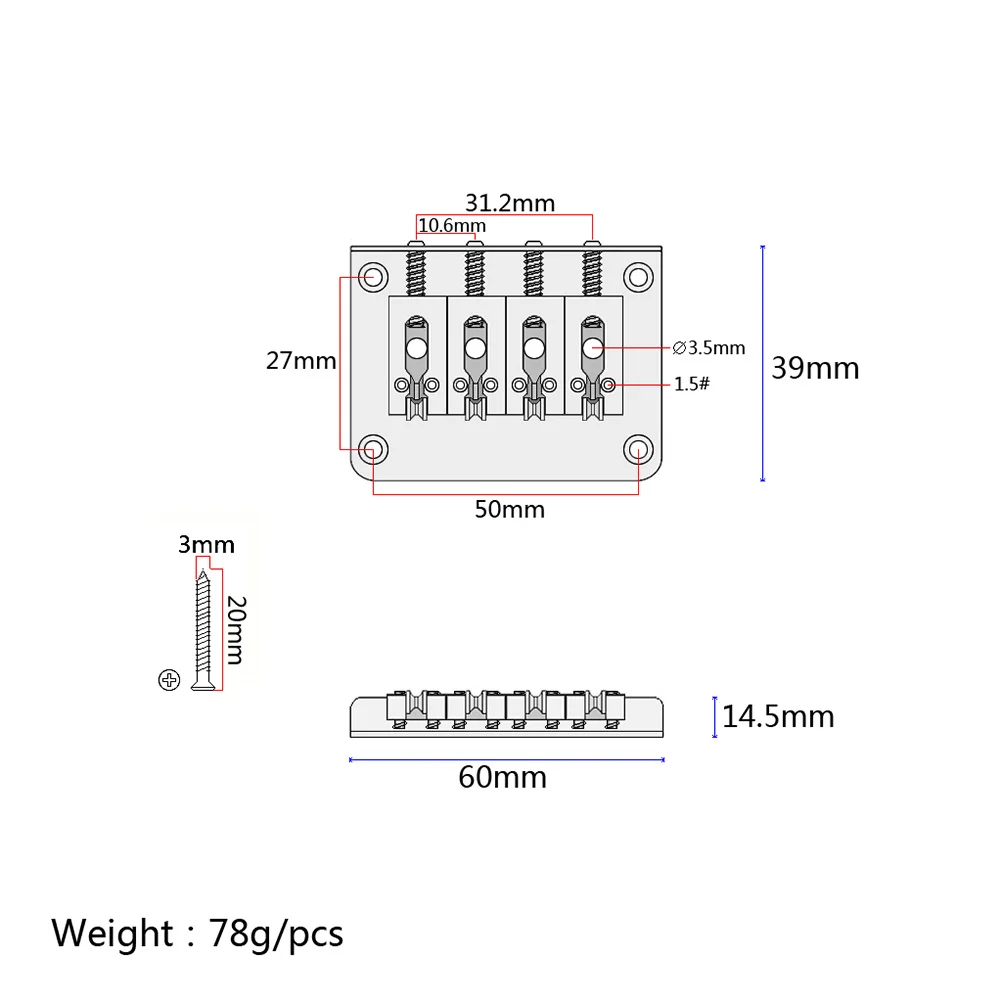 

Metal 4 String Bass Bridge Vintage Style Silver for Guitar Adjustable Height with 4 Screws Top Load Design