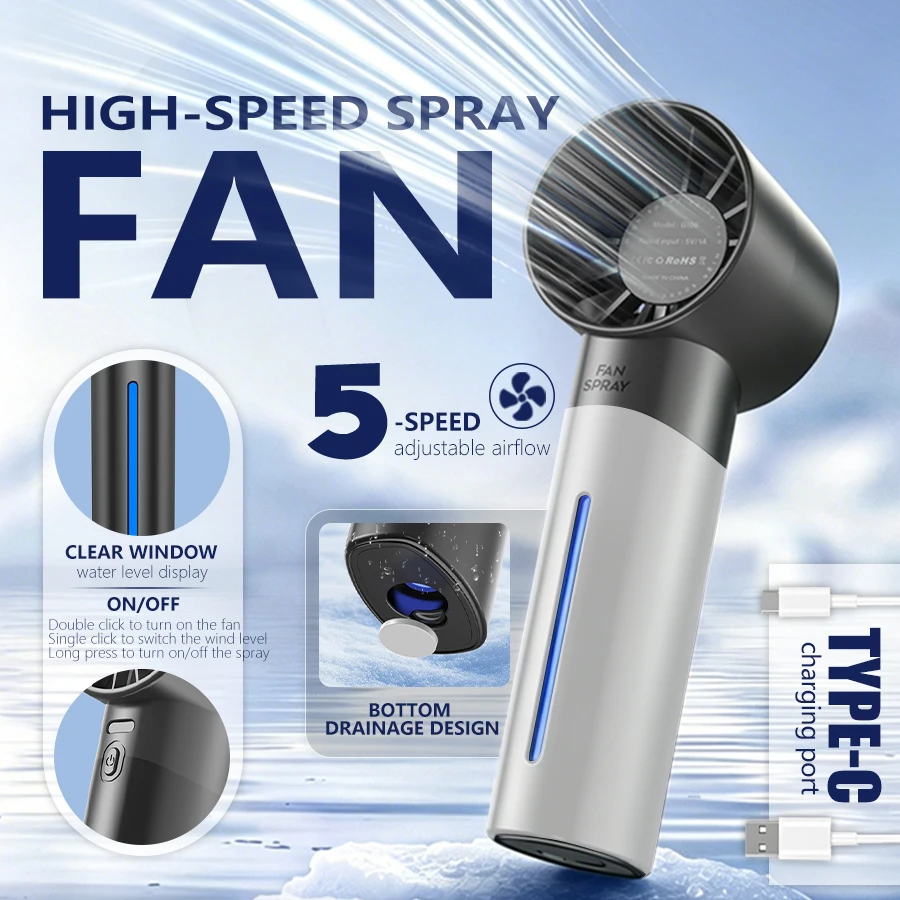 Tragbarer Handventilator mit 5 Geschwindigkeiten, 1200 mAh wiederaufladbar, 35 ml Wassertank, leicht, leise und leistungsstark für Reisen und Outdoor-Aktivitäten