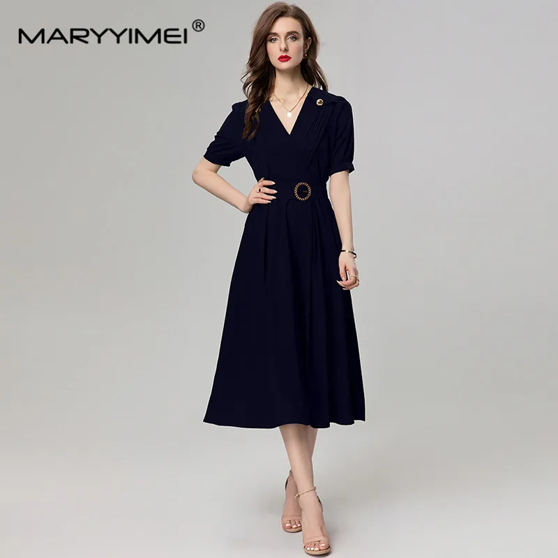 MARYYIMEI Fashion Design Spring Summer women's Sexy V-Neck Short-Sleeved Button Bow Lace-UP Folds Commuter Elegant Dresses