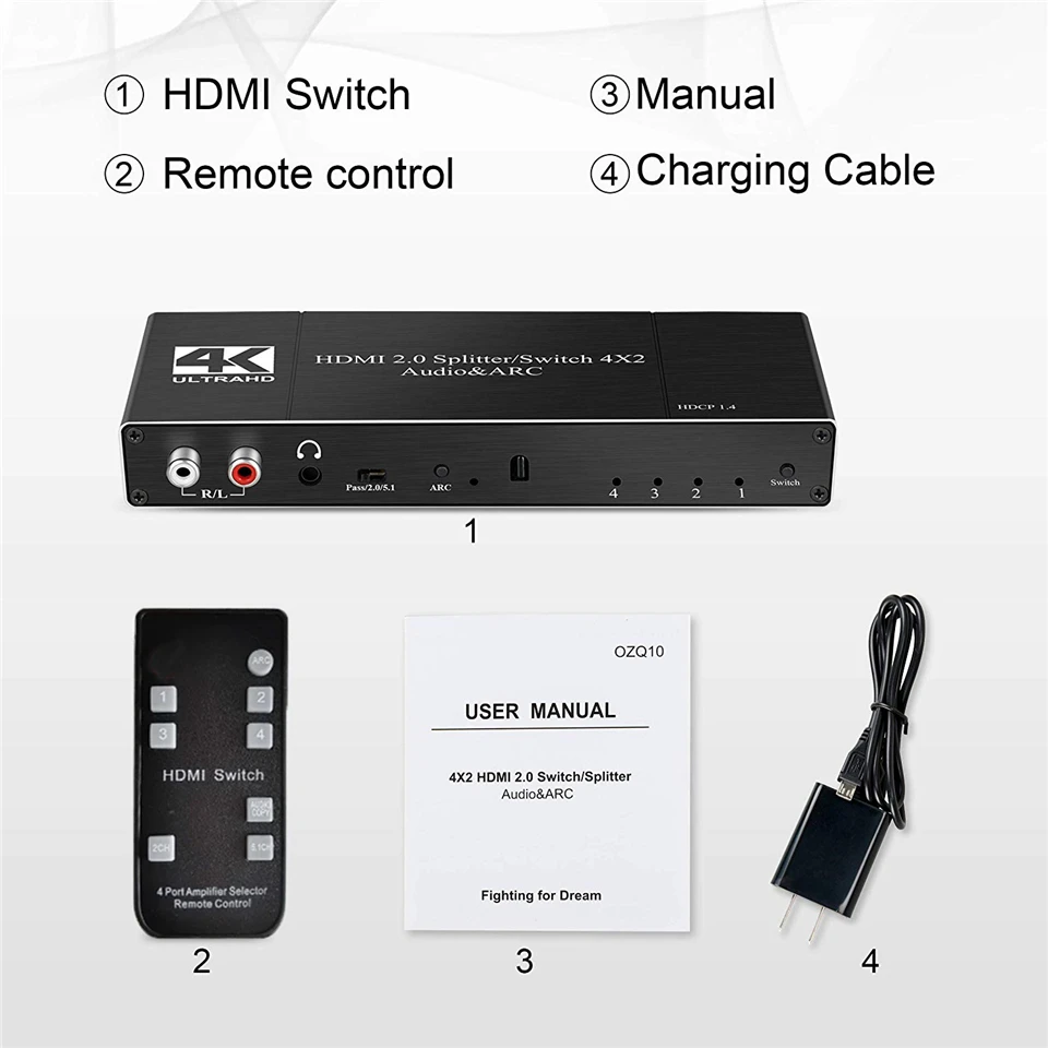 2024 4K HDMI Switch 4x2 with Remote Optical Toslink & Coaxial 4 In 2 Out  HDMI Switch 4 Port Switch HDMI 2.0 For Apple TV PS4