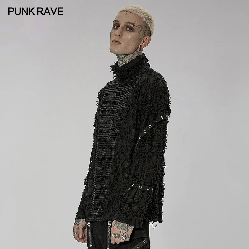 PUNK RAVE Men's Gothic High Round Collar Pullover T-shirt Elastic Ragged Eyelet Webbing Personality Casual Loose Tops